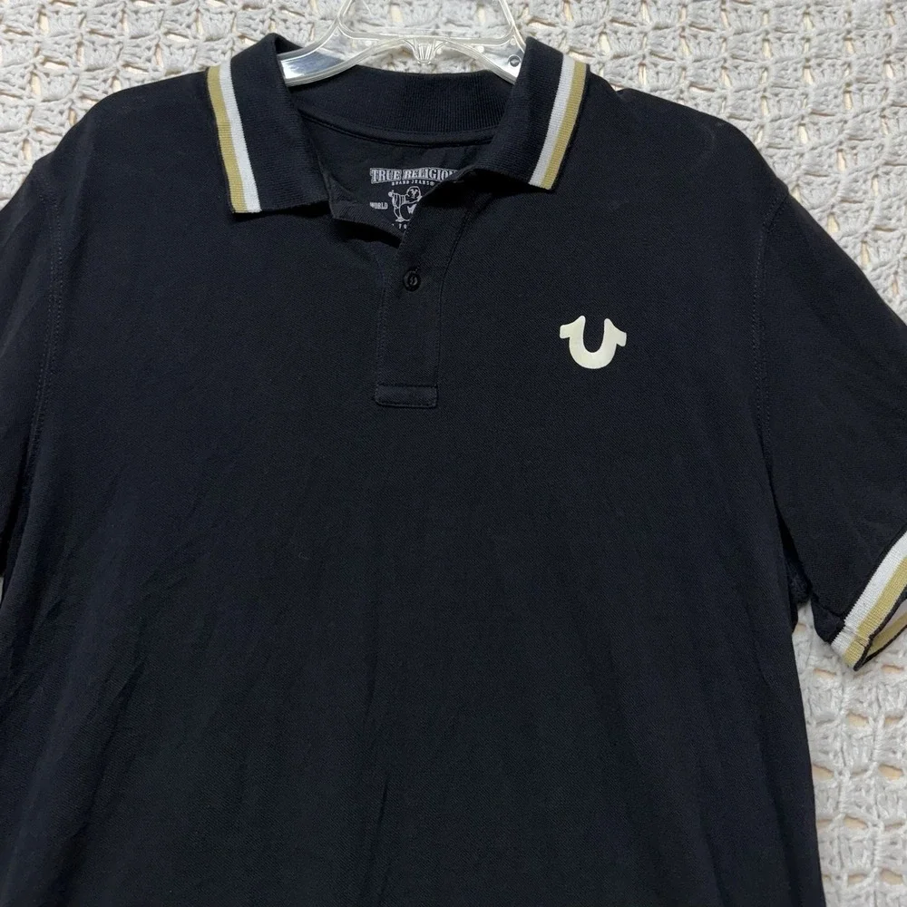 True Religion Polo Shirt Mens Size L Black‎ Crafted With Pride Short Sleeve Flaw